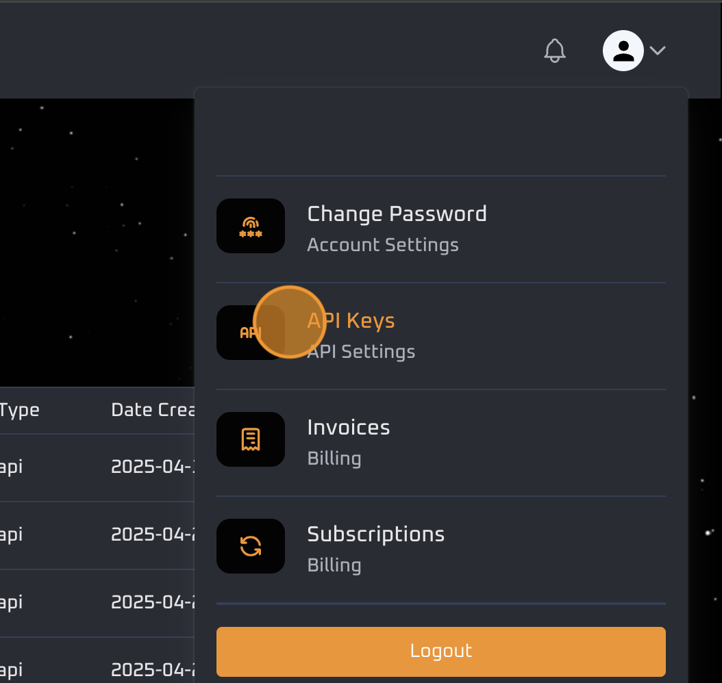 API keys menu